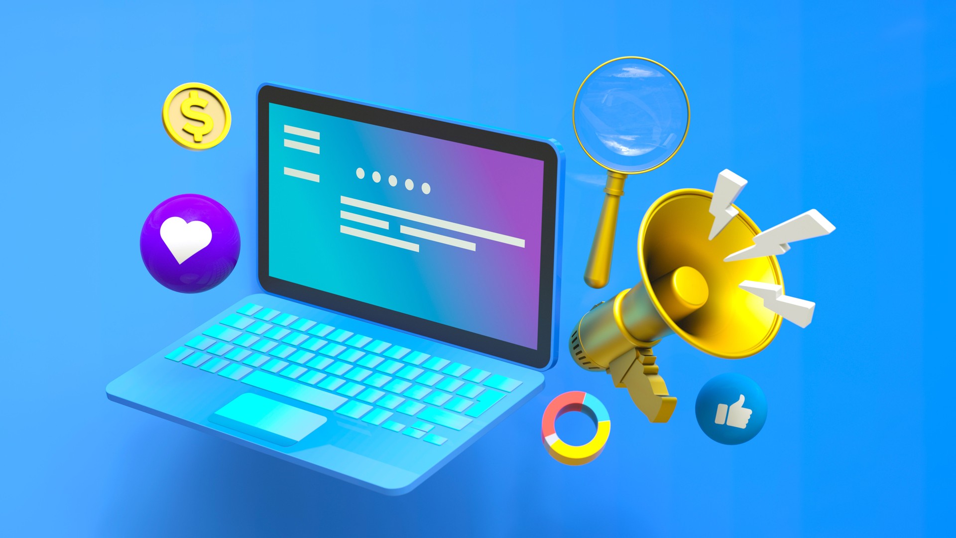 Digital Marketing Concept with Laptop, Megaphone, and Social Media Icons – Online Advertising, SEO, and E-Commerce Promotion - 3D Illustration